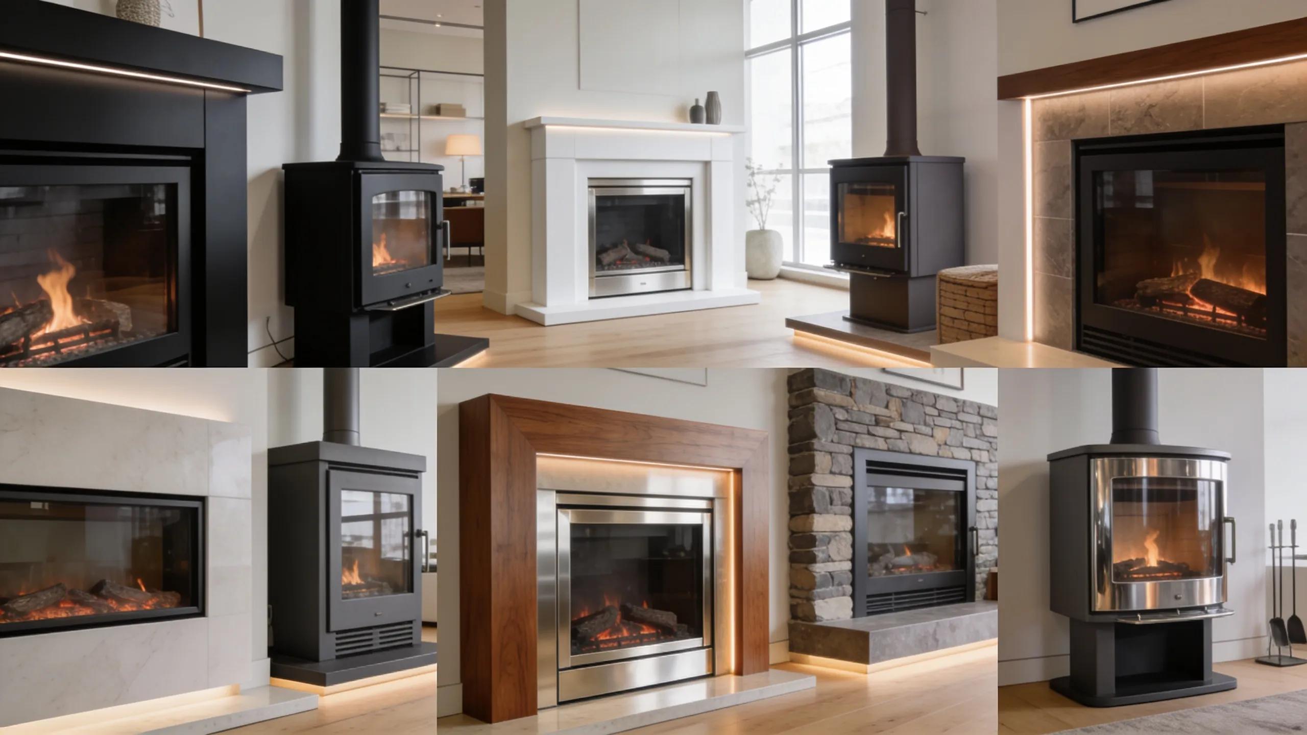 Showroom display showcasing diverse modern gas fireplace styles and aesthetic appeal