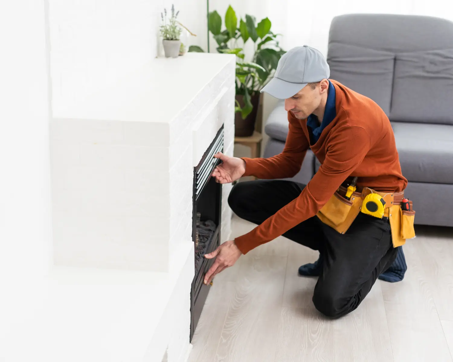 Technician installing an indoor fireplace in a Burlingame home