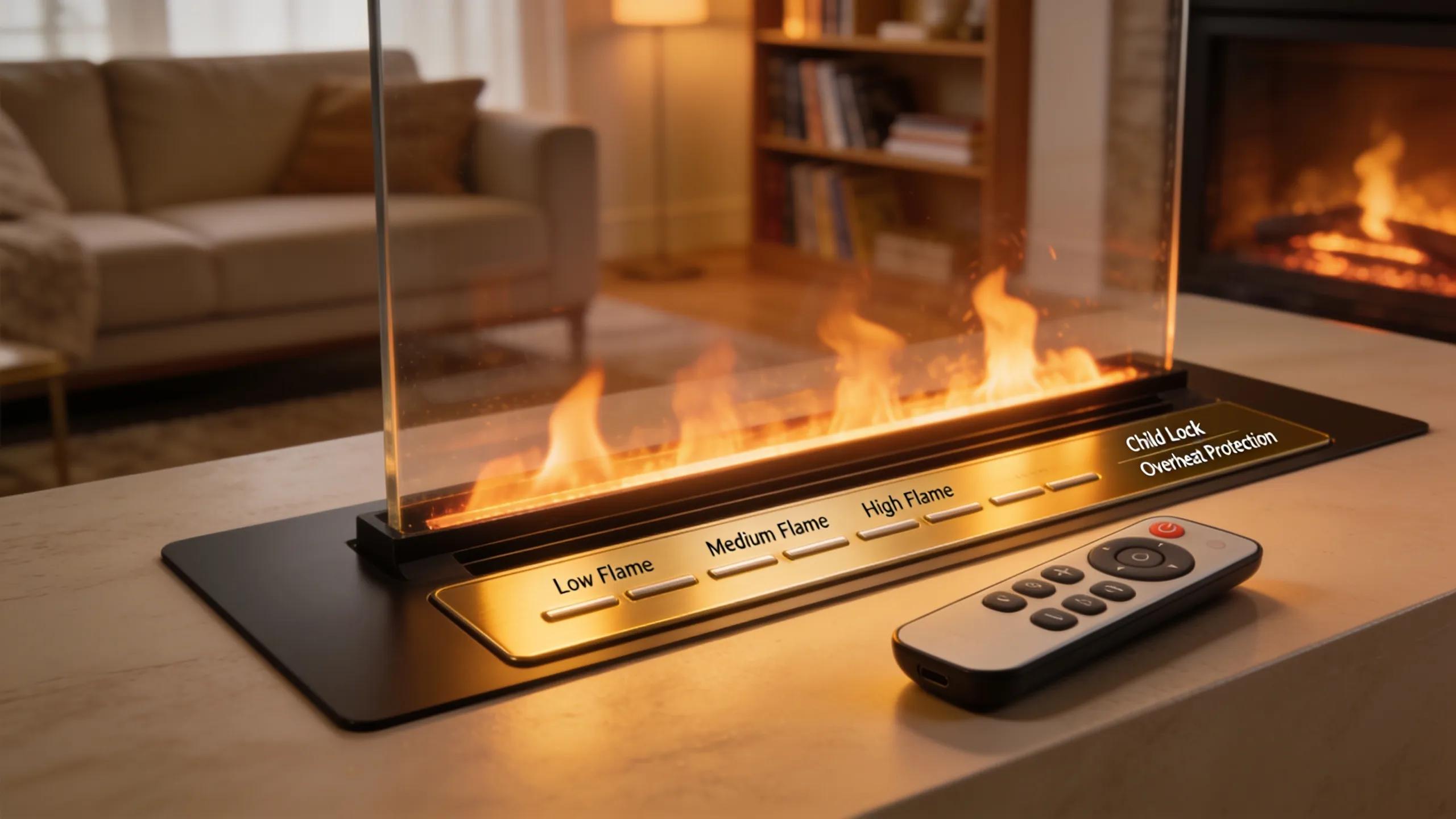 Close-up of a modern gas fireplace control panel showcasing functional features and modern design