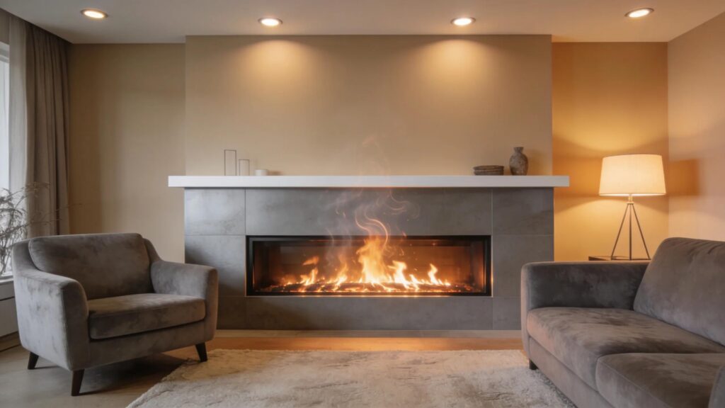 Cozy modern living room featuring a gas fireplace, enhancing home comfort and aesthetics