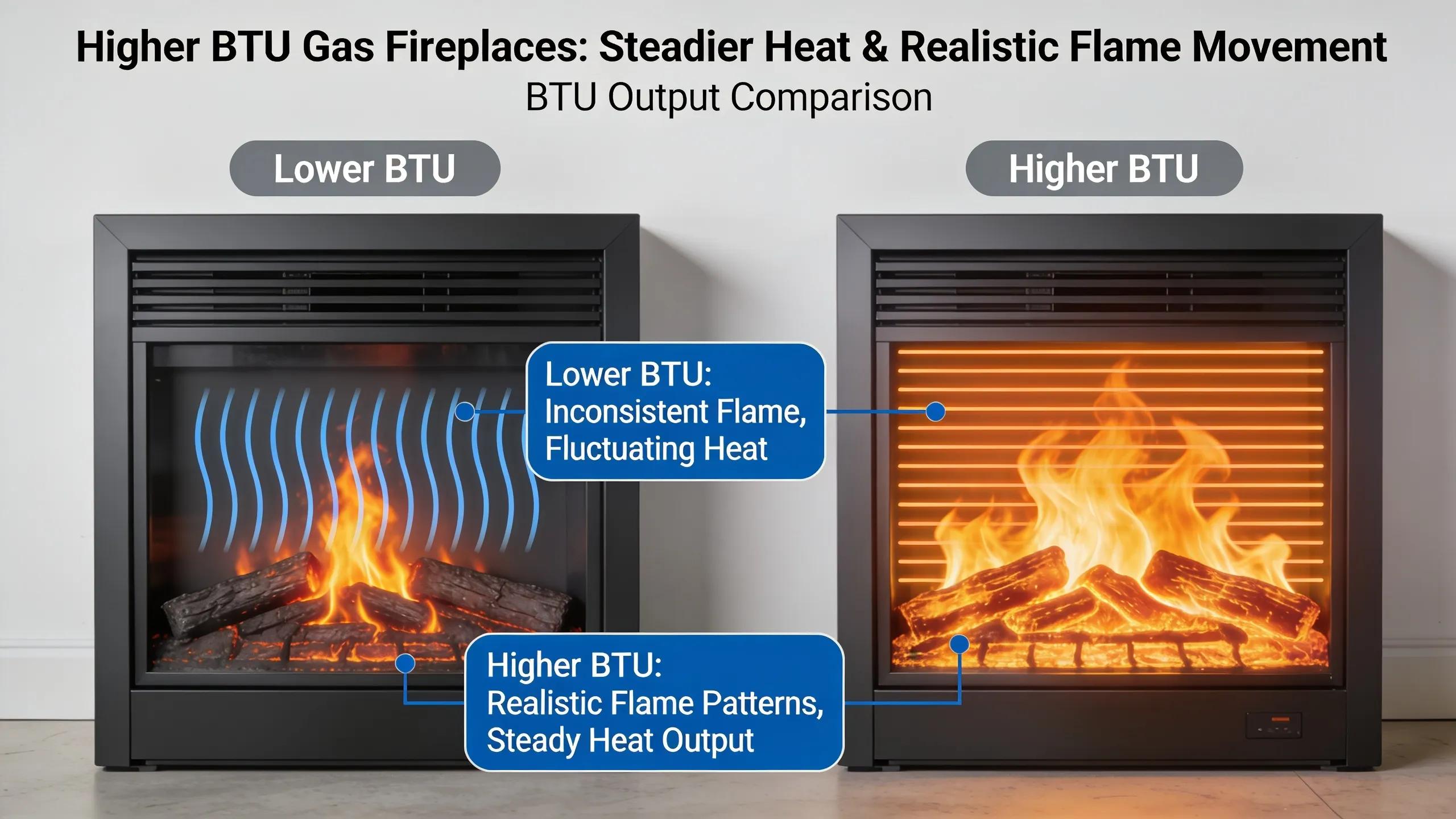 Higher BTU output in gas fireplaces delivers steadier heat and more realistic flame movement than