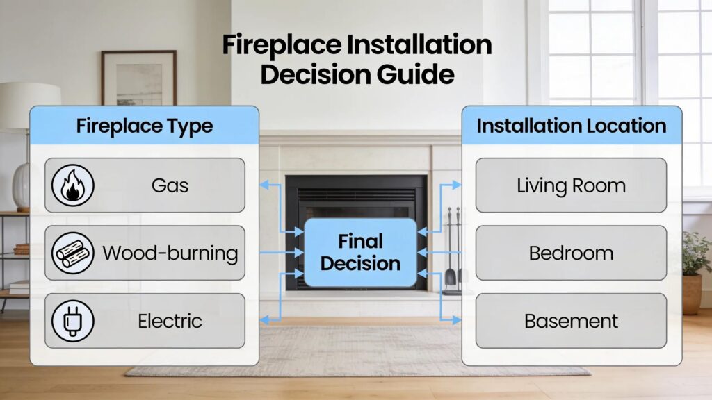 Homeowners must decide on fireplace type (gas, wood-burning, or electric) and its location before installation