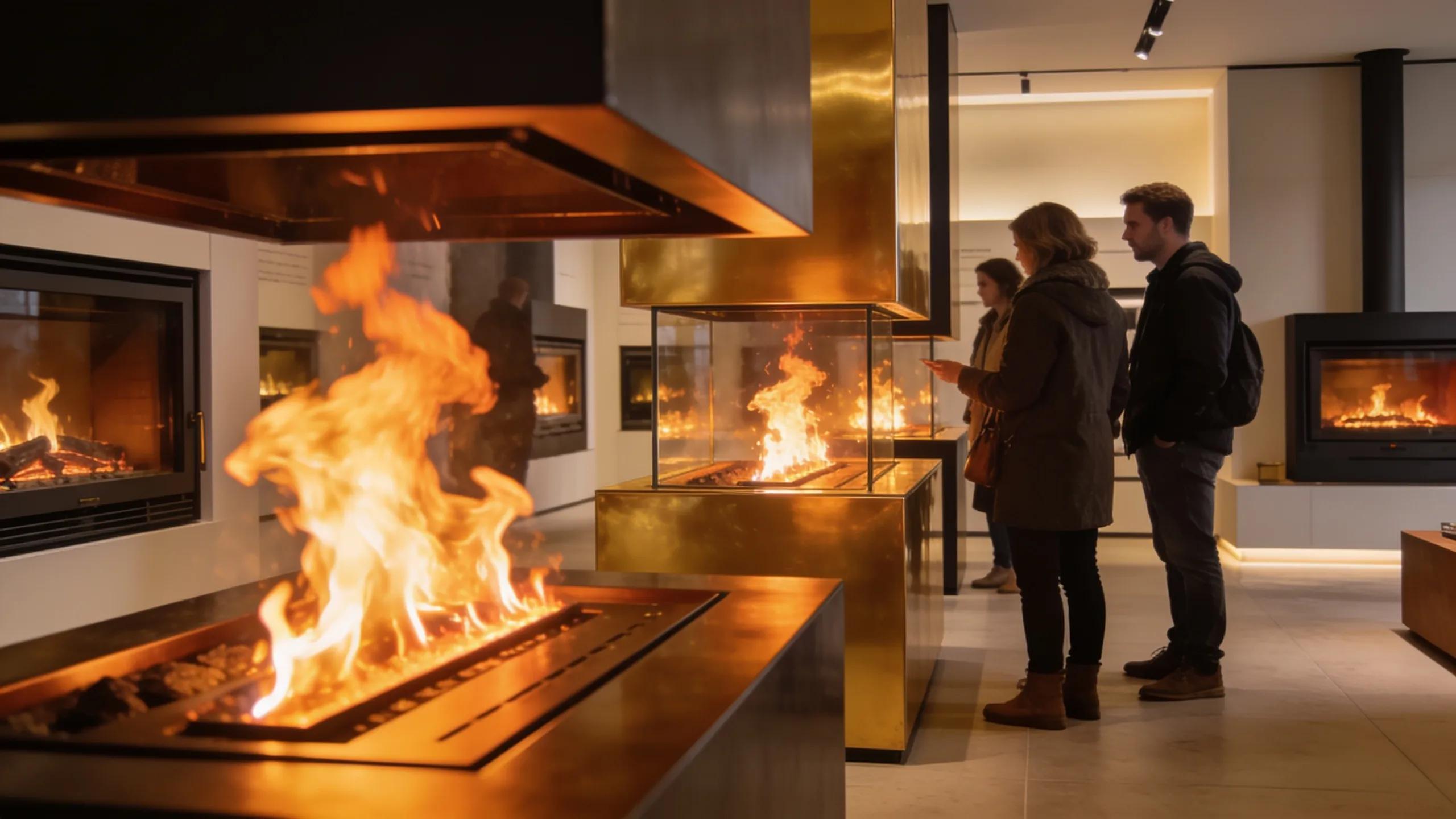 Blaze showrooms feature live-burning displays that let visitors compare flame patterns and finishes in person