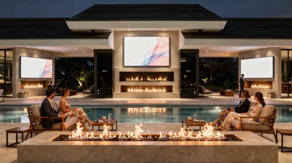 Blaze showrooms feature live-burning displays that let visitors compare flame patterns and finishes in person